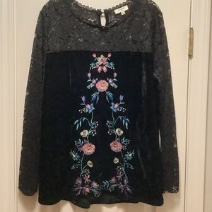Velvet Embroidered & Lace Black Top